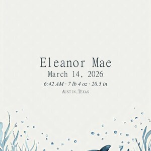 Personalized ocean birth stats canvas with a blue whale, crescent moon and sea plants, showing sample baby name Eleanor Mae and birth details.