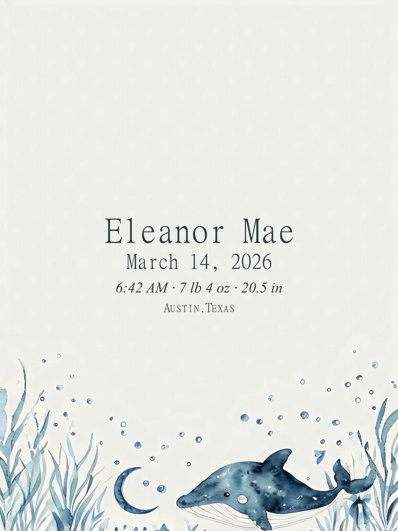 Personalized ocean birth stats canvas with a blue whale, crescent moon and sea plants, showing sample baby name Eleanor Mae and birth details.