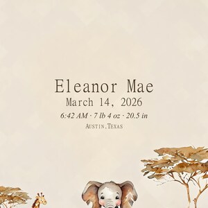 Personalized safari birth stats canvas with an elephant, giraffe and acacia trees, showing sample baby name Eleanor Mae and birth details.