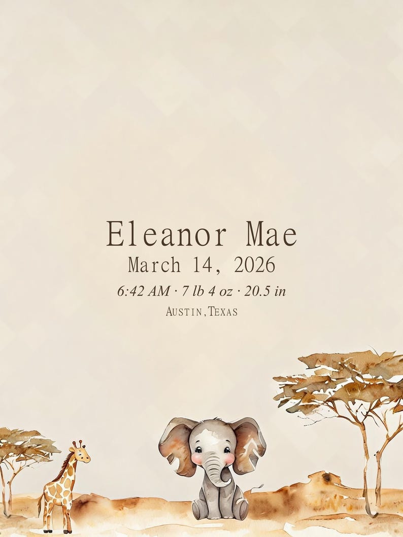 Personalized safari birth stats canvas with an elephant, giraffe and acacia trees, showing sample baby name Eleanor Mae and birth details.
