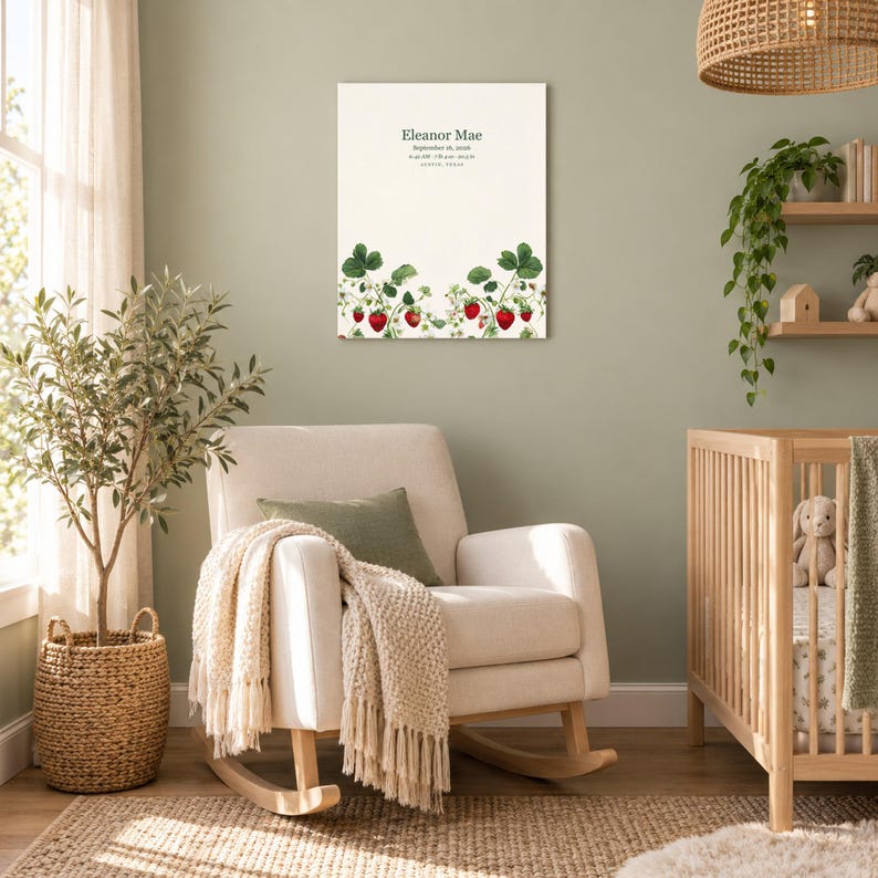 Strawberry canvas in a nursery on a sage green wall above a cream rocking chair, showing sample name Eleanor Mae and birth details.