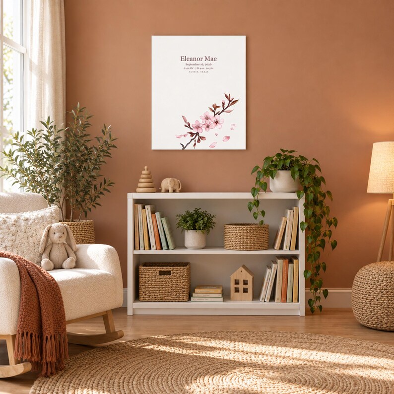 Cherry blossom canvas in a nursery on a terracotta wall above a white bookshelf, showing sample name Eleanor Mae and birth details.