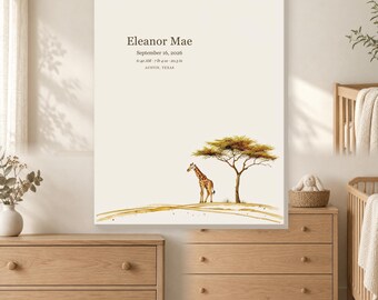 May include: A rectangular wall art print on a cream background featuring a watercolor illustration of a giraffe standing under an acacia tree. The text reads Eleanor Mae, September 16, 2026, 6:42 AM, 7 lb 4 oz, 20.5 in, and Austin, Texas.
