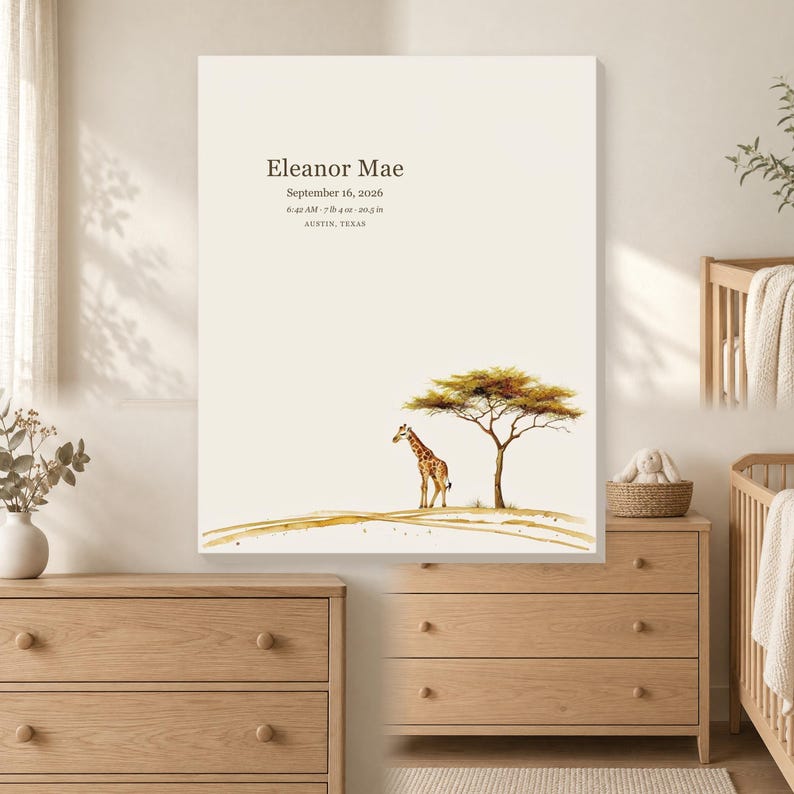 Personalized safari giraffe baby birth details canvas for an adventure nursery