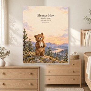 Personalized woodland bear baby birth keepsake canvas