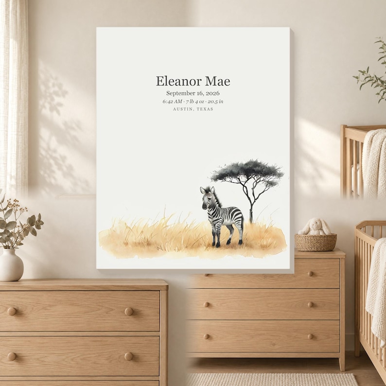 Personalized baby zebra birth stats canvas for a safari nursery