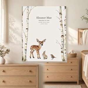 Custom meadow fawn baby name and birth details canvas with woodland animals