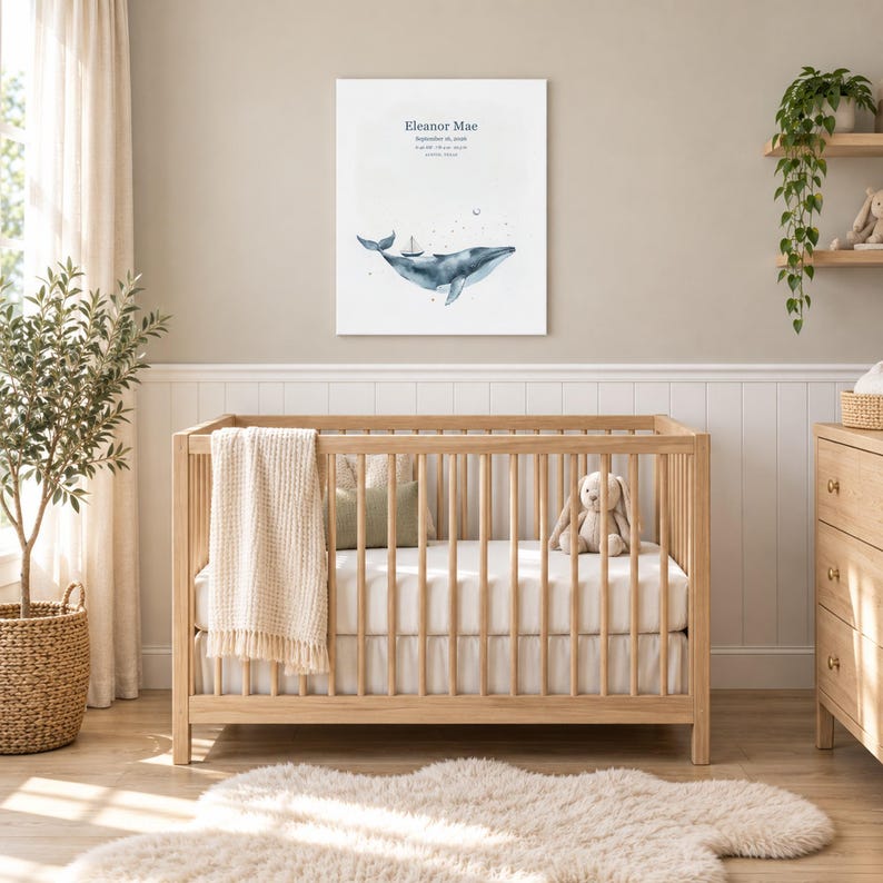 Moonlit whale canvas in a nursery on a greige wall above a wooden crib and white wainscoting, showing sample name Eleanor Mae and birth details.