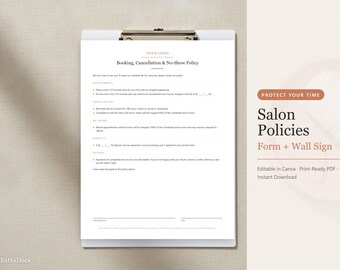 サロン規約テンプレート、キャンセル・無断キャンセルフォーム、エステティシャン予約サイン（Canva PDF）