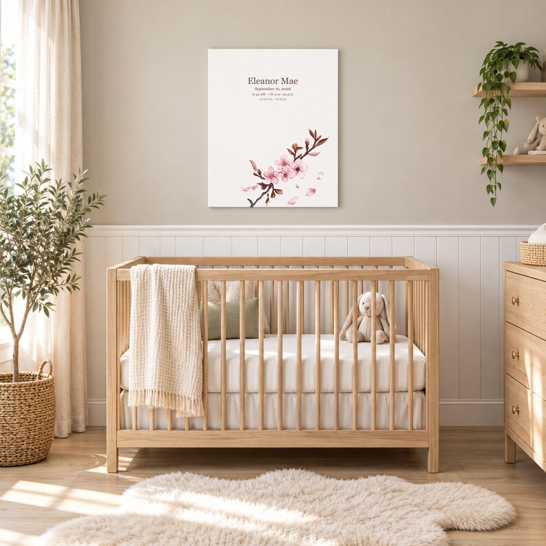 Cherry blossom canvas in a nursery on a greige wall above a wooden crib and white wainscoting, showing sample name Eleanor Mae and birth details.