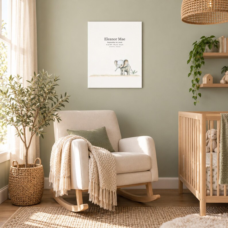 Baby elephant canvas in a nursery on a sage green wall above a cream rocking chair, showing sample name Eleanor Mae and birth details.