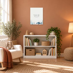 Ocean birth stats sign in a nursery on a terracotta wall above a white bookshelf, showing sample name Eleanor Mae and birth details.