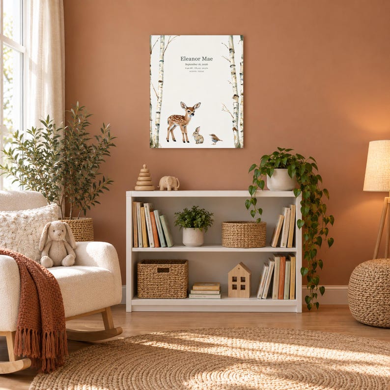 Meadow fawn canvas in a nursery on a terracotta wall above a white bookshelf, showing sample name Eleanor Mae and birth details.