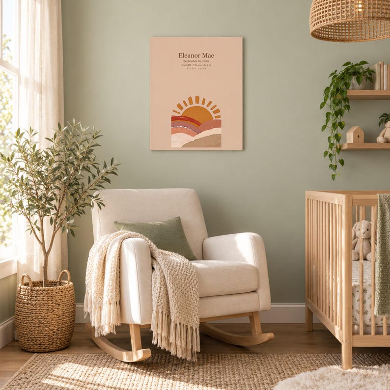 Boho sun canvas in a nursery on a sage green wall above a cream rocking chair, showing sample name Eleanor Mae and birth details.