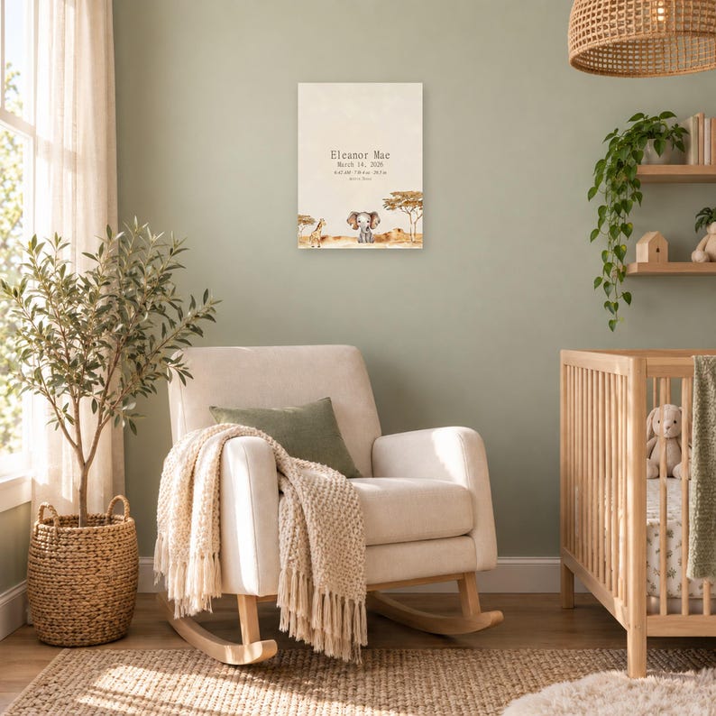 Safari birth stats sign in a nursery on a sage green wall above a cream rocking chair, showing sample name Eleanor Mae and birth details.