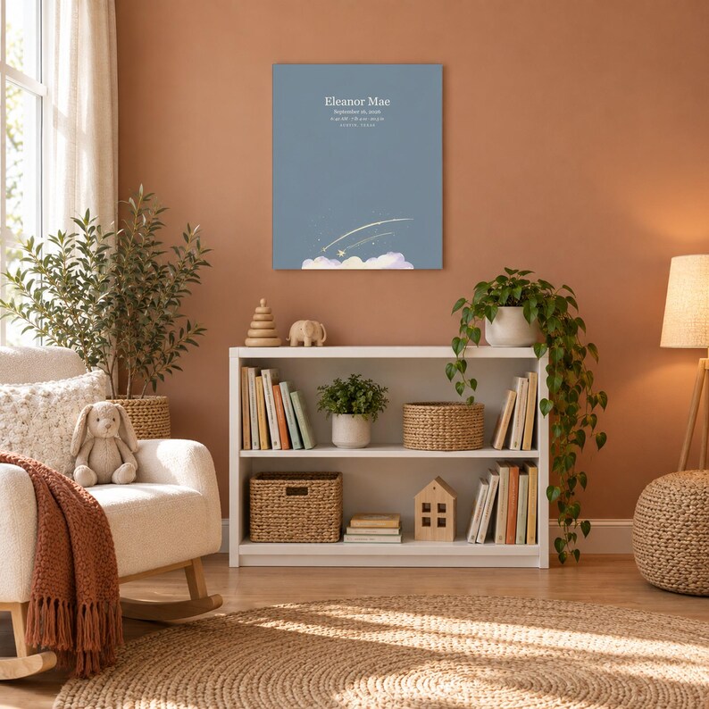 Shooting star canvas in a nursery on a terracotta wall above a white bookshelf, showing sample name Eleanor Mae and birth details.