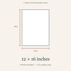 Size guide card titled Made for the nursery showing a 12 x 16 inch portrait canvas with a 1.25 inch gallery wrap.