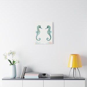 Custom seahorse reef baby name and birth details canvas in coastal watercolor