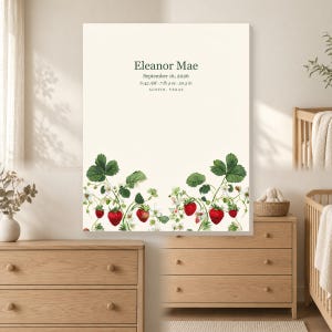 Personalized strawberry baby birth stats canvas for a sweet girl nursery