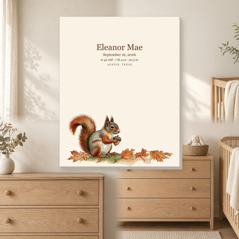 Personalized little squirrel baby birth stats canvas for a woodland nursery