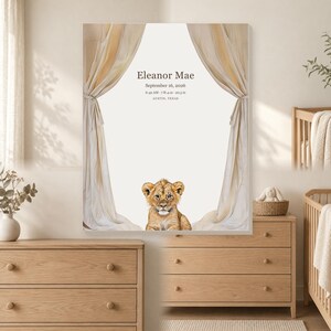 Lion Cub Baby Stats Canvas, Custom Safari Newborn Keepsake