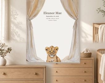 Lion Cub Baby Stats Canvas, Custom Safari Newborn Keepsake
