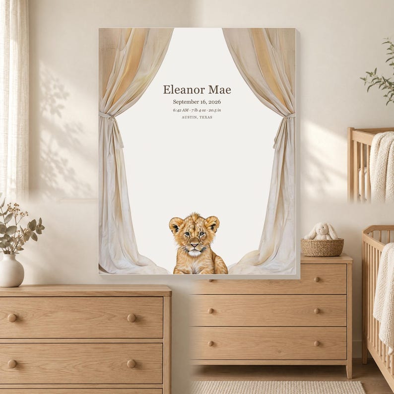 Custom lion cub baby birth stats canvas in a warm neutral safari style