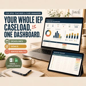 May include: A laptop and tablet displaying a Coastal Navy Caseload Dashboard and Deadline Tracker for SPED teachers. The screens show data charts, student goals, and service minutes. Text includes FOR SPED TEACHERS & CASE MANAGERS, YOUR WHOLE IEP CASELOAD. ONE DASHBOARD, DEADLINES, GOALS, SERVICE MINUTES, and EXCEL + GOOGLE SHEETS.