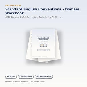 May include: A SAT Prep Vault workbook titled Standard English Conventions - Domain Workbook. The cover features a book icon, text stating 12 Topics, 110 Questions, and Full Answer Keys. The document is a printable PDF in US Letter format.