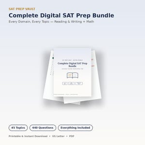 Pode incluir: Um pacote de preparação digital para o SAT composto por uma pilha de documentos brancos. O texto diz SAT PREP VAULT, Complete Digital SAT Prep Bundle, Every Domain, Every Topic — Reading & Writing + Math, 45 Topics, 440 Questions e Everything Included.