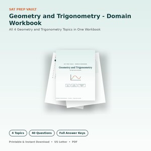 Pode incluir: Um caderno de exercícios SAT Prep Vault Geometry and Trigonometry Domain Workbook branco com um gráfico de onda senoidal vermelha, o texto 'Geometry and Trigonometry' e três caixas rotuladas '4 Topics', '40 Questions' e 'Full Answer Keys'.