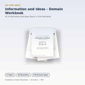 Pode incluir: Um caderno de exercícios branco intitulado SAT Prep Vault Information and Ideas - Domain Workbook. A capa apresenta um ícone de livro e texto indicando 4 Topics, 40 Questions e Full Answer Keys. Formato PDF para papel US Letter.