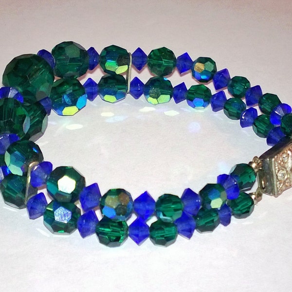 Vintage AB Green And Blue Double Strand Bracelet with Metal Rhinestone Pave Closure