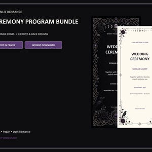 Puede incluir: Un paquete de programas de ceremonia digital titulado Moonlit Romance con 16 páginas editables y 8 diseños de frente y dorso. La imagen muestra dos plantillas verticales de programas de boda con bordes florales, fases lunares y cuervos.