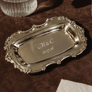 Personalized Silver Ring Dish, Custom Engraved Dessert Tray, Vintage Wedding Favor, Bridal Shower Gift