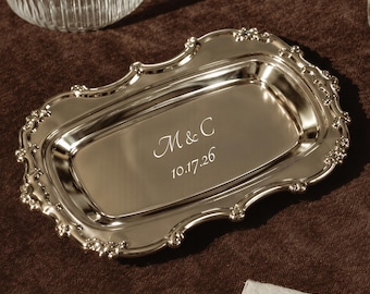 Personalized Silver Ring Dish, Custom Engraved Dessert Tray, Vintage Wedding Favor, Bridal Shower Gift