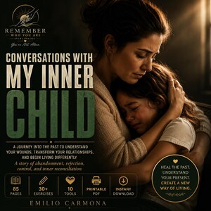 Puede incluir: Una portada de libro titulada Conversations with My Inner Child de Emilio Carmona. Presenta una ilustración de un adulto abrazando a un niño que llora. El texto incluye: A journey into the past, 85 pages, 30+ exercises, 10 tools.