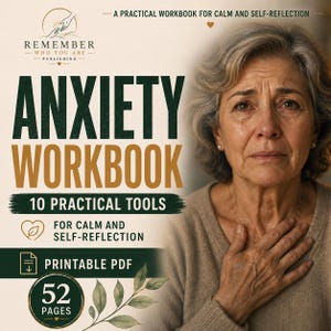 Puede incluir: Un libro de ejercicios en PDF imprimible titulado Anxiety Workbook con 10 herramientas prácticas para la calma y la autorreflexión. La portada muestra el texto Remember Who You Are Publishing, 52 páginas y una imagen de una persona con una lágrima.