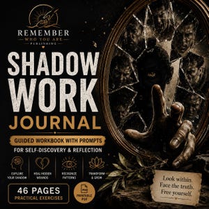 Puede incluir: Un diario de trabajo de sombra con texto en negro y dorado. La portada muestra un espejo roto que refleja un rostro y una mano extendida. El texto incluye: Remember Who You Are Publishing, Shadow Work Journal, Guided Workbook, 46 Pages, y Look within. Face the truth. Free yourself.