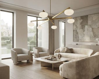 Mid Century Modern Brass Chandelier, 6 Globe Italian Lelli Style Ceiling Light, Modern Flush Mount Pendant Lighting Fixture