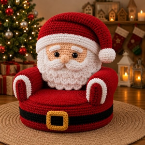 Puede incluir: Una silla de ganchillo con forma de Papá Noel que presenta un gorro rojo y blanco, barba blanca y ojos negros. El asiento es rojo con un cinturón negro y una hebilla amarilla. Los reposabrazos son rojos con puños blancos de hilo suave.