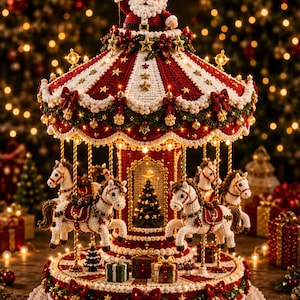 Op de afbeelding: Een gehaakte kerstcarrousel met een kerstman bovenop, meerdere witte paarden met rode zadels en een centrale kerstboom. De structuur is versierd met rood en wit garen, gouden sterren, kleine strikjes en geïntegreerde warme kerstverlichting.