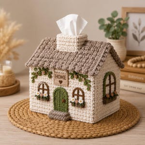 May include: A crochet tissue box cover shaped like a small house with cream walls, a brown textured roof, and a green door. It features brown arched windows with flower boxes, green vines, and a sign above the door that reads HOME with a heart.