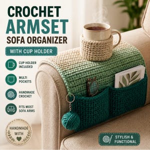 May include: A crochet armrest sofa organizer in an ombre green pattern with a matching cup holder sleeve. The organizer features two dark green pockets containing eyeglasses and a card, with a small yarn ball keychain attached to the side.