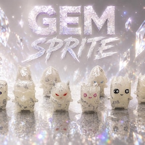 May include: A collection of eight small, translucent white figurines with silver foil accents, each featuring unique hand-drawn facial expressions. The text GEM SPRITE is displayed in large, crystalline, silver-toned letters above the figures.