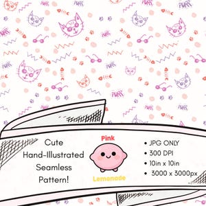 Naadloos patroon met kattenzonnebril, handgetekende roze en paarse pootafdruk, digitaal papier JPG