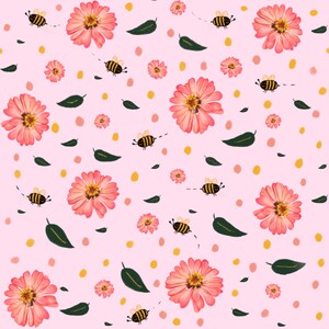 Motif sans couture abeille florale rose | Impression numérique zinnia pastel (Téléchargement PNG JPG)
