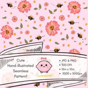 Bumblebee Zinnia Seamless Pattern, Pastel Floral Bee Digital Paper, Garden Bee Lover Gift Print (PNG JPG Download)