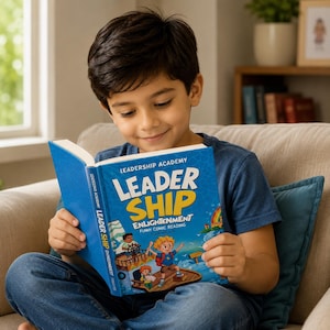May include: A blue hardcover book titled Leadership Academy Leader Ship Enlightenment Funny Comic Reading. The cover features a cartoon illustration of a child on a boat with a steering wheel and a rainbow in the background, with white and yellow text.