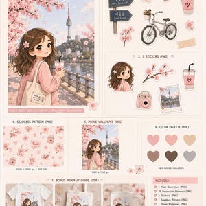 Puede incluir: Un paquete de ilustraciones digitales titulado Cherry Blossom Walk con un personaje de cabello castaño, suéter rosa y bolso. Incluye elementos decorativos como una bicicleta, cámara, señales de tráfico, pegatinas, patrones y maquetas.